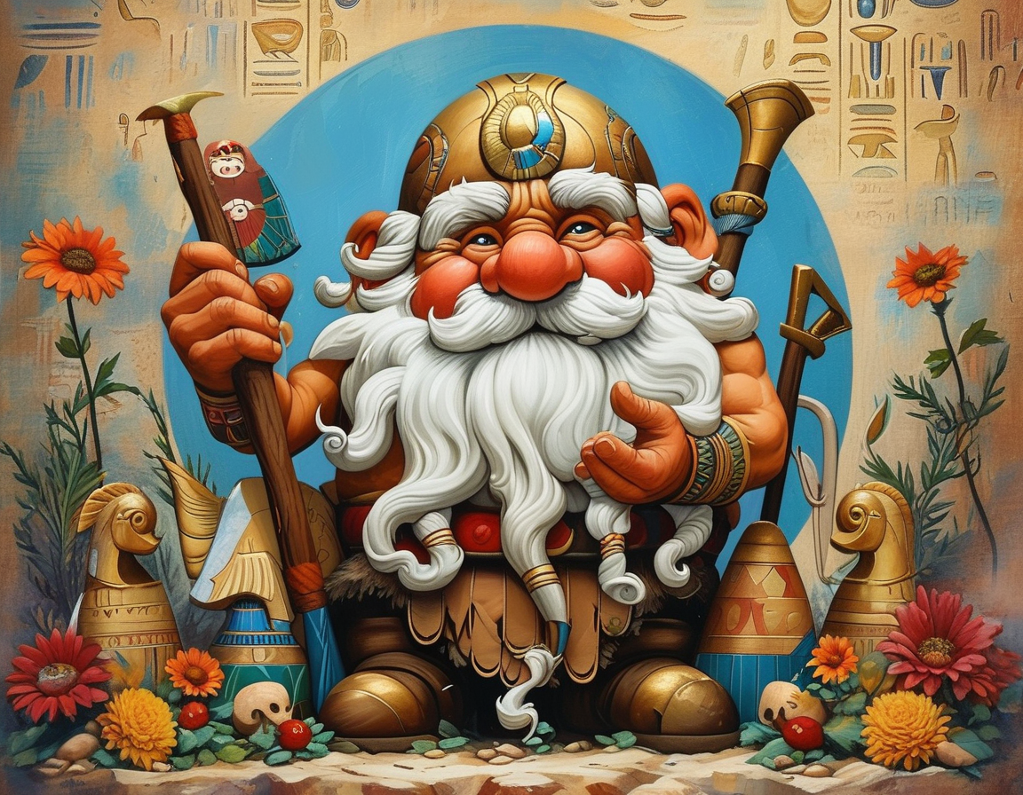 An artistic representation of Bes, the dwarf god, showcasing his distinctive features, cheerful expression, and protective stance, surrounded by symbols of fertility and family. The hazy background highlights the historical context of ancient Egypt.