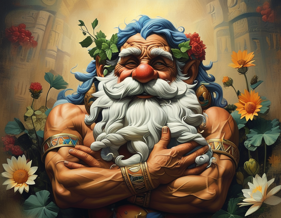 A detailed depiction of Bes in a domestic setting, adorned with amulets and household artifacts, emphasizing his role as a guardian and protector within the family environment.