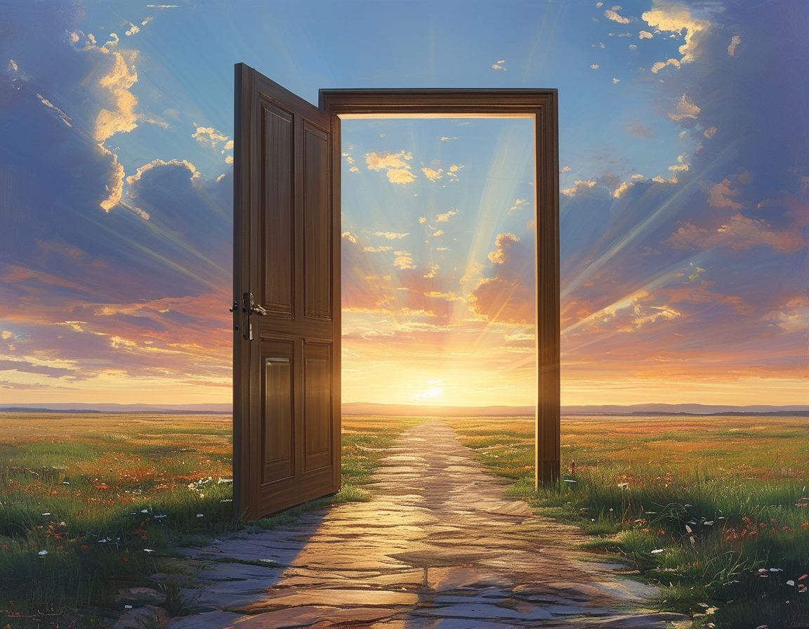 A serene landscape featuring an open gate leading to a horizon, symbolizing new beginnings and spiritual exploration, with light streaming through, evoking hope and contemplation.