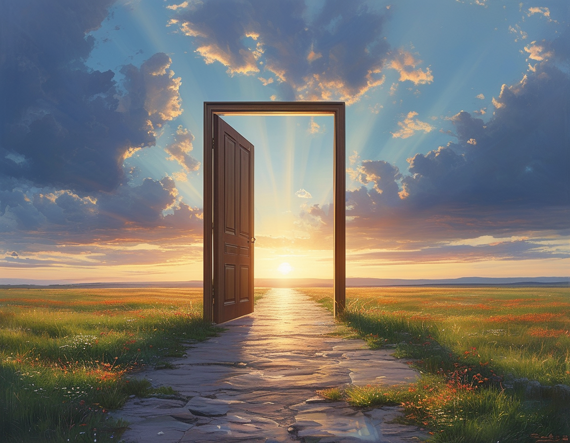 An illustrated path leading towards a glowing horizon, symbolizing the journey into spirituality and the exploration of new beliefs inspired by the openness of faith.