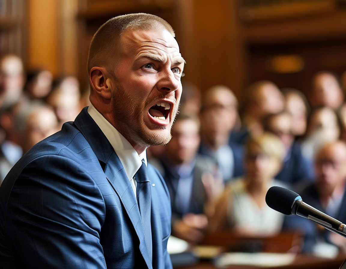 Chris Kluwe making a passionate speech at a city council meeting, with a tense atmosphere as he addresses the council members and audience, capturing the emotional intensity of the protest.