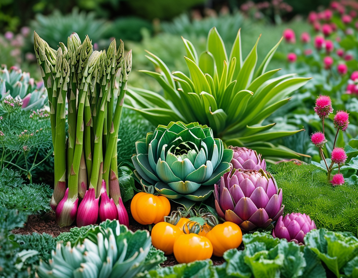 A diverse selection of perennial vegetables displayed on a rustic wooden table, including rhubarb, horseradish, and good king henry, representing the connection between gardening and culinary creativity.