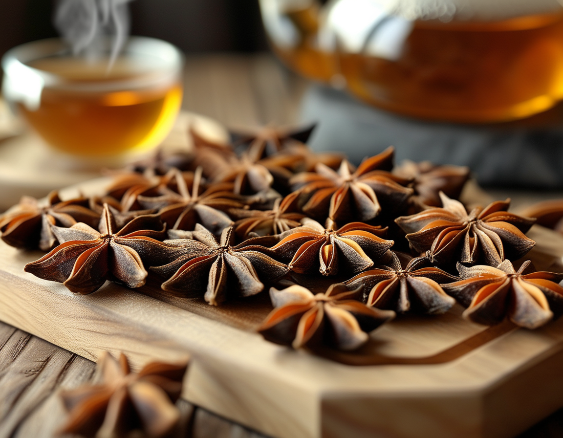 A beautifully styled bowl of soup garnished with star anise, showcasing its use in cooking and enhancing flavor, with herbs and spices scattered around.