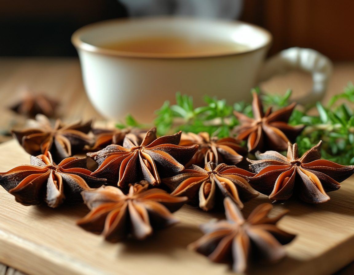 An infographic illustrating the health benefits of star anise, featuring icons for digestion, antioxidants, and antibacterial properties, set against a vibrant background.