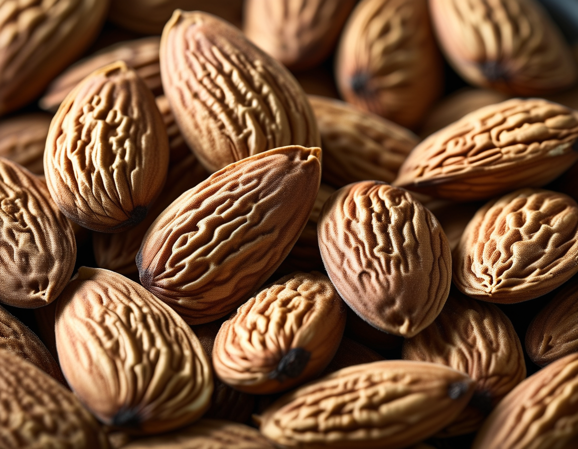 A close-up view of soaked almonds in a bowl, highlighting their plump texture and sheen, surrounded by a scattering of dry almonds for comparison.
