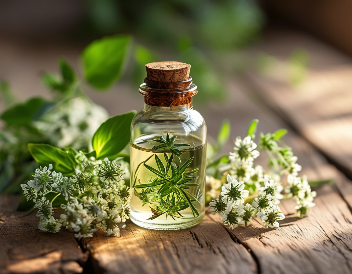 A soothing bottle of herbal oil next to fresh herbs and flowers on a wooden surface, symbolizing natural skin care solutions for age spots. Soft lighting enhances the calming atmosphere.