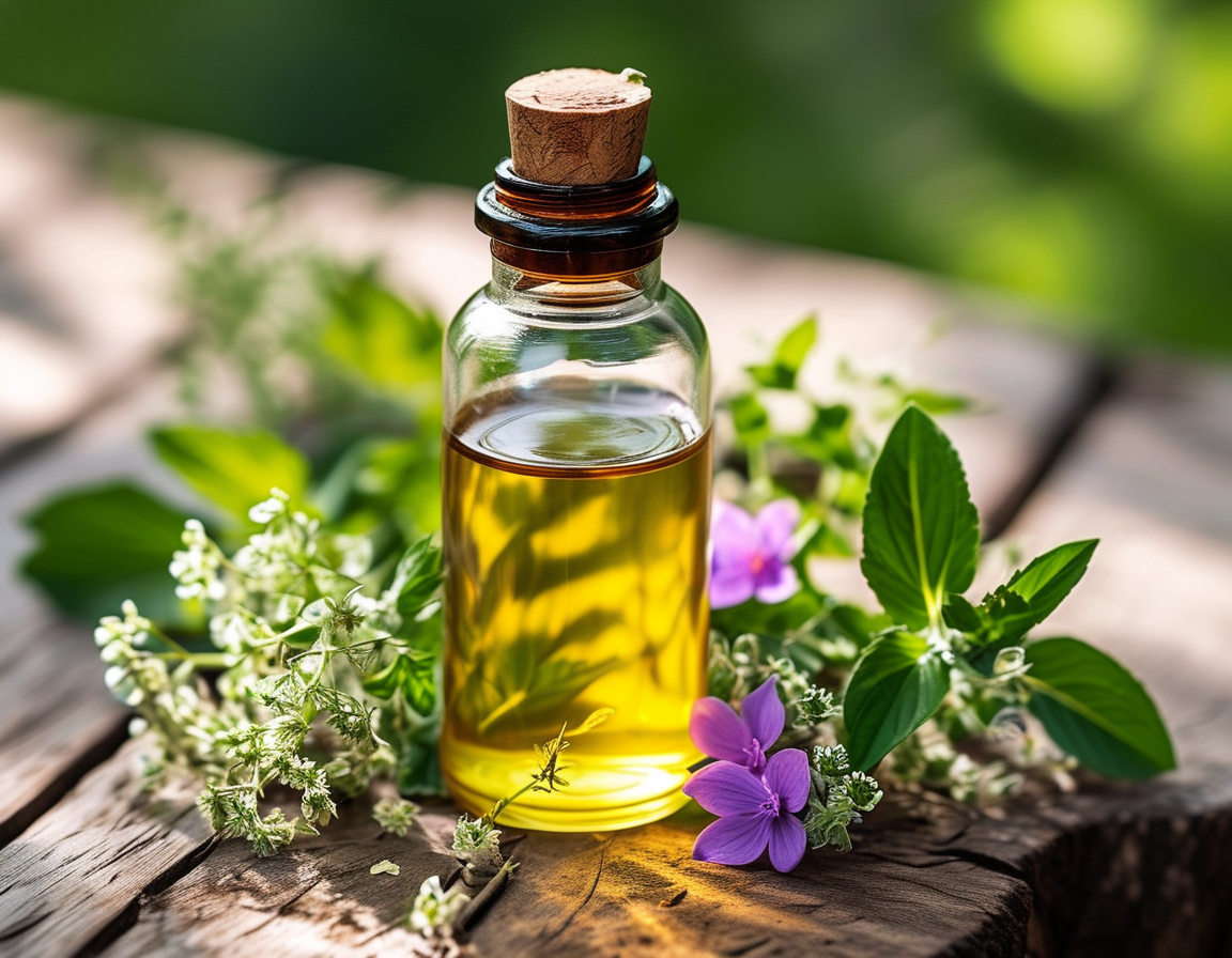 An array of herbal oils in small bottles, each labeled with their respective benefits for skin health, surrounded by greenery, showcasing nature’s remedy for aging skin.