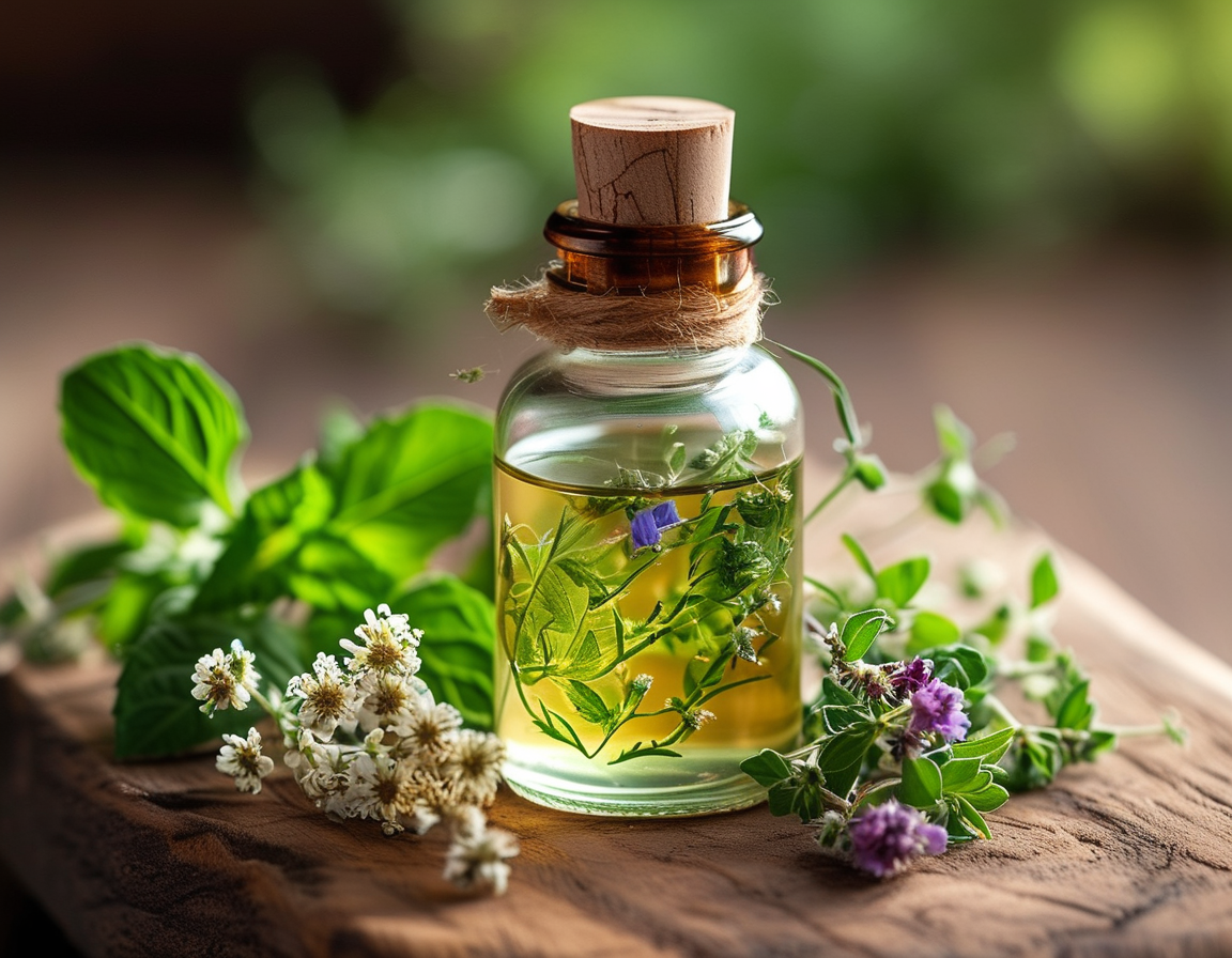 A close-up of hands applying herbal oil to the skin, conveying the soothing and rejuvenating effects of natural remedies in a comforting and relaxing environment.