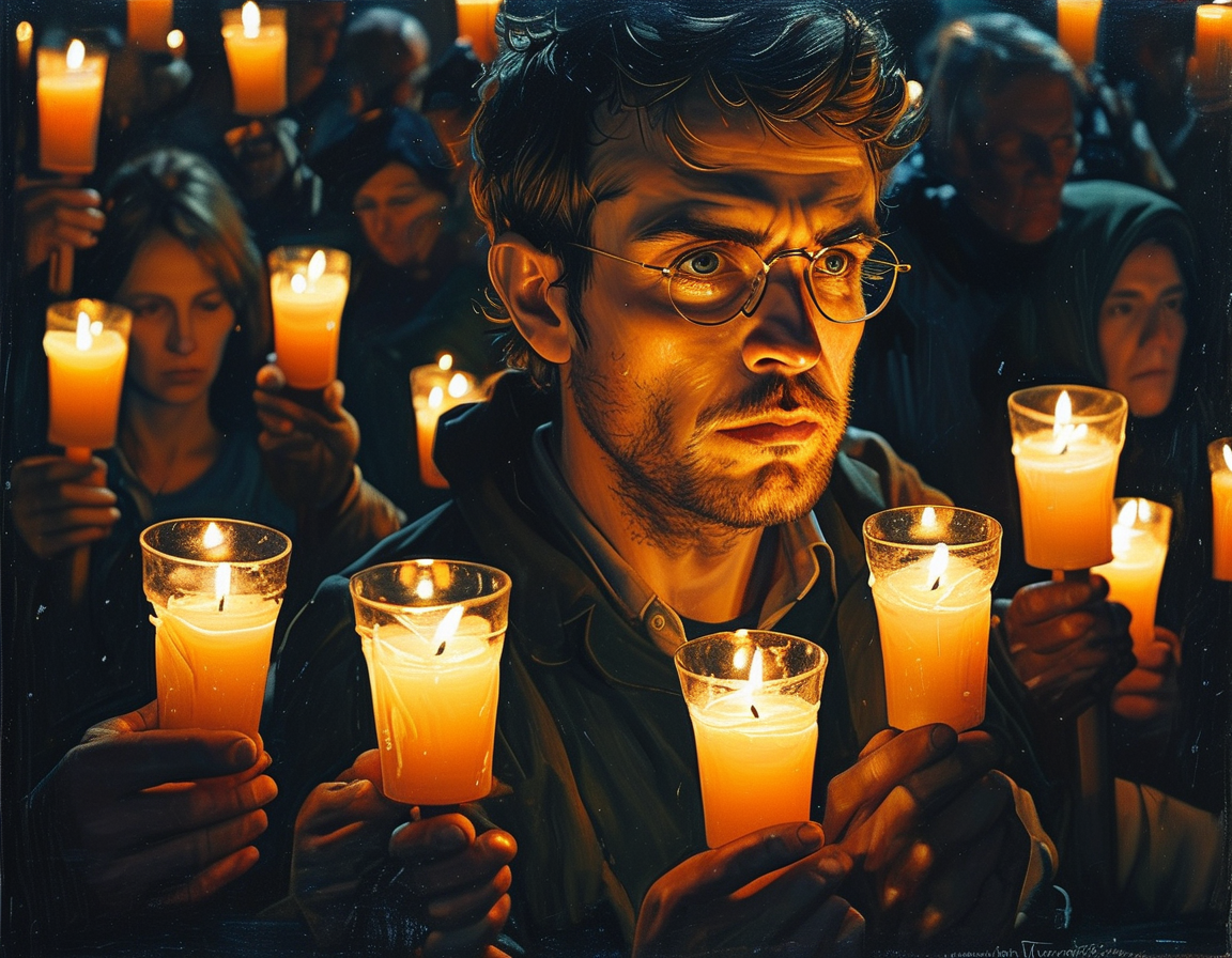 A somber scene depicting a candlelight vigil, with people holding candles in solidarity for mental health awareness and reform following the tragic death of Christian Glass.