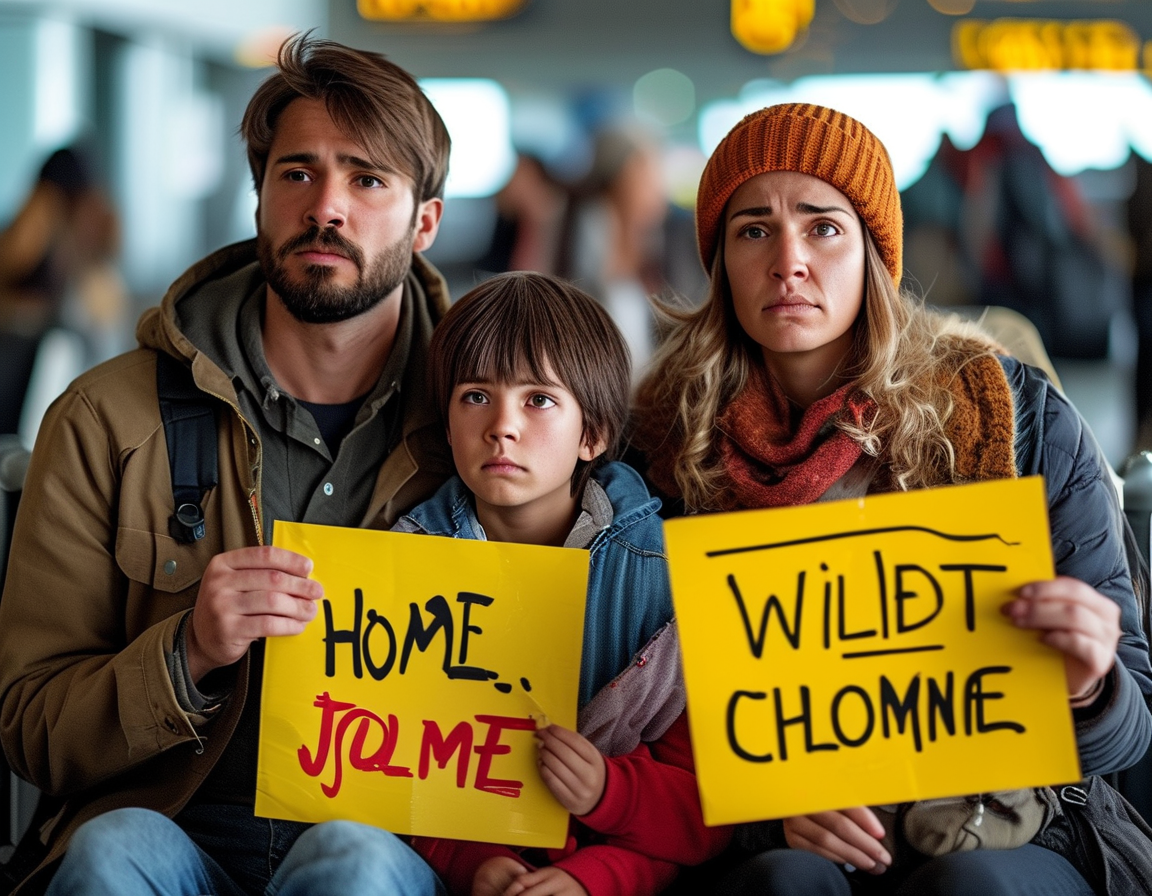 A group of distressed families waiting at an airport, holding signs for their loved ones facing deportation. The atmosphere reflects a mix of hope and despair amidst immigration challenges.