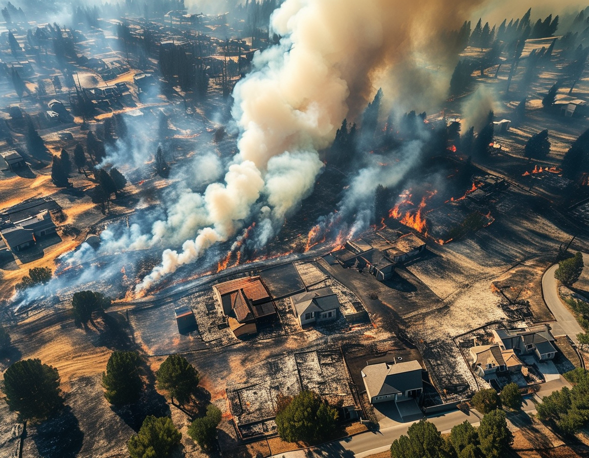 Aerial view of a wildfire-affected area with smoke rising, showing burn scars on the landscape and nearby homes, emphasizing environmental and health impacts post-disaster.