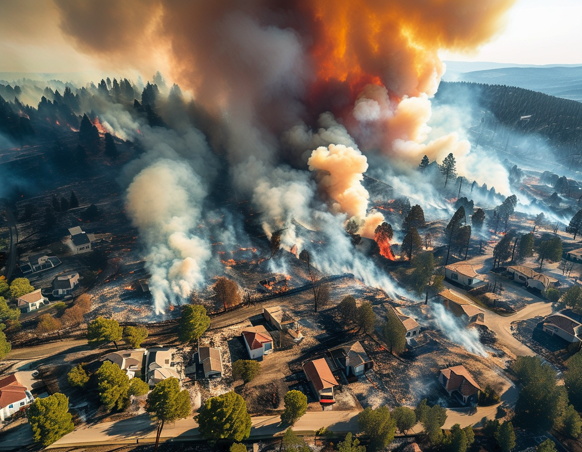 Close-up of a monitoring device measuring air quality, set against a backdrop of charred trees from the California wildfires, illustrating efforts to assess lead levels.