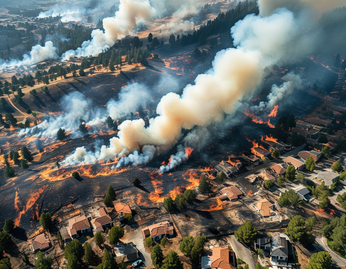 Families outdoors looking concerned while checking their environment during a wildfire recovery period, symbolizing community vigilance and health awareness against lead exposure risks.