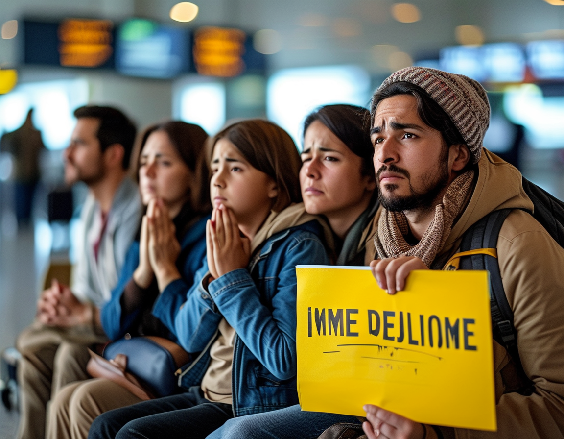 Protesters outside a government building holding banners advocating for fair immigration practices and the rights of deported individuals, highlighting community concerns.