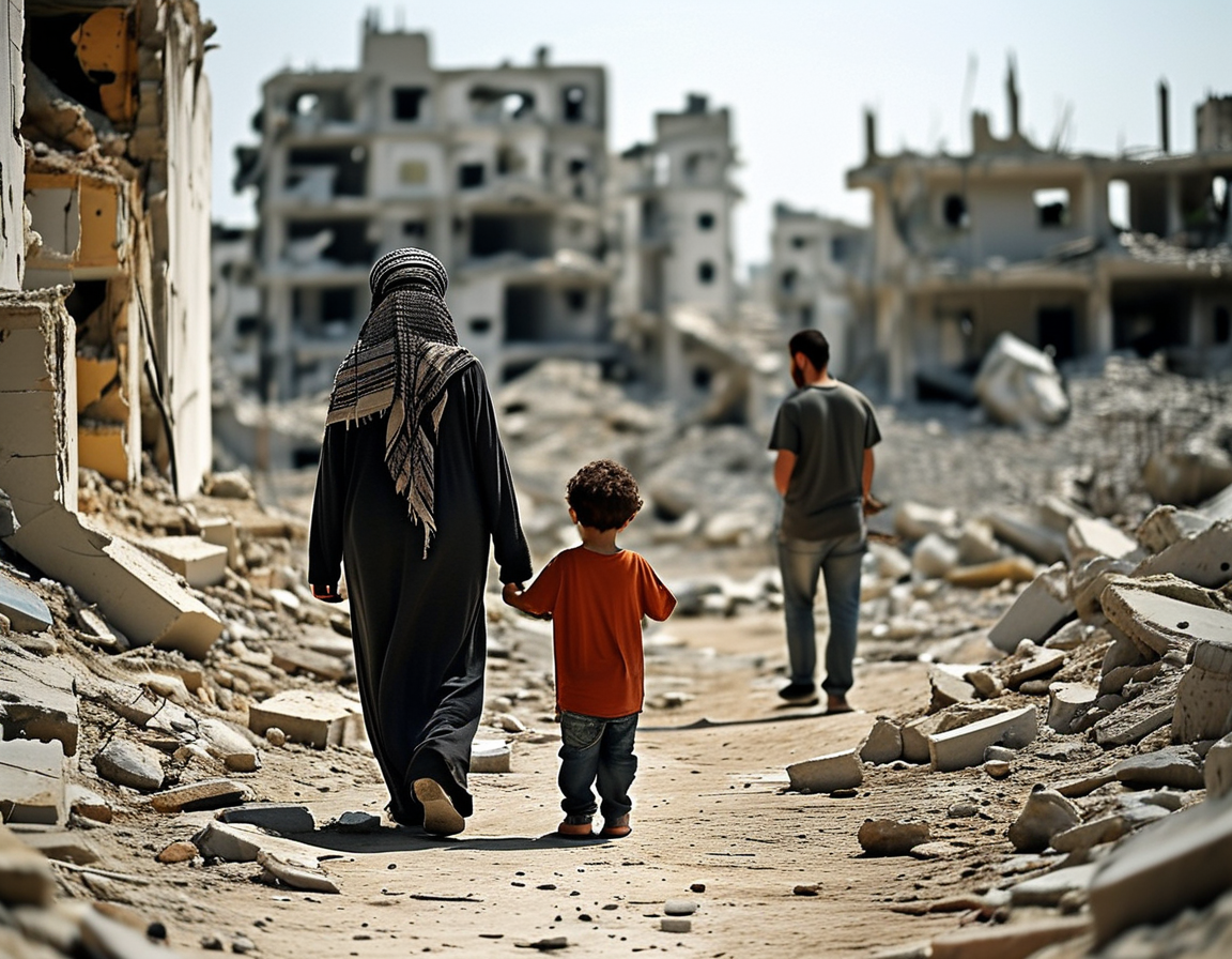 A distressed Palestinian family in Gaza, with ruins of buildings in the background, symbolizes their plight as they seek refuge in Canada amidst ongoing violence and uncertainty.