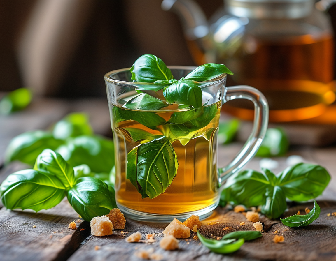 A serene setting with a teapot, a cup of basil tea, and a scattering of fresh basil leaves, illustrating the calming ritual of making and enjoying herbal tea for health benefits.