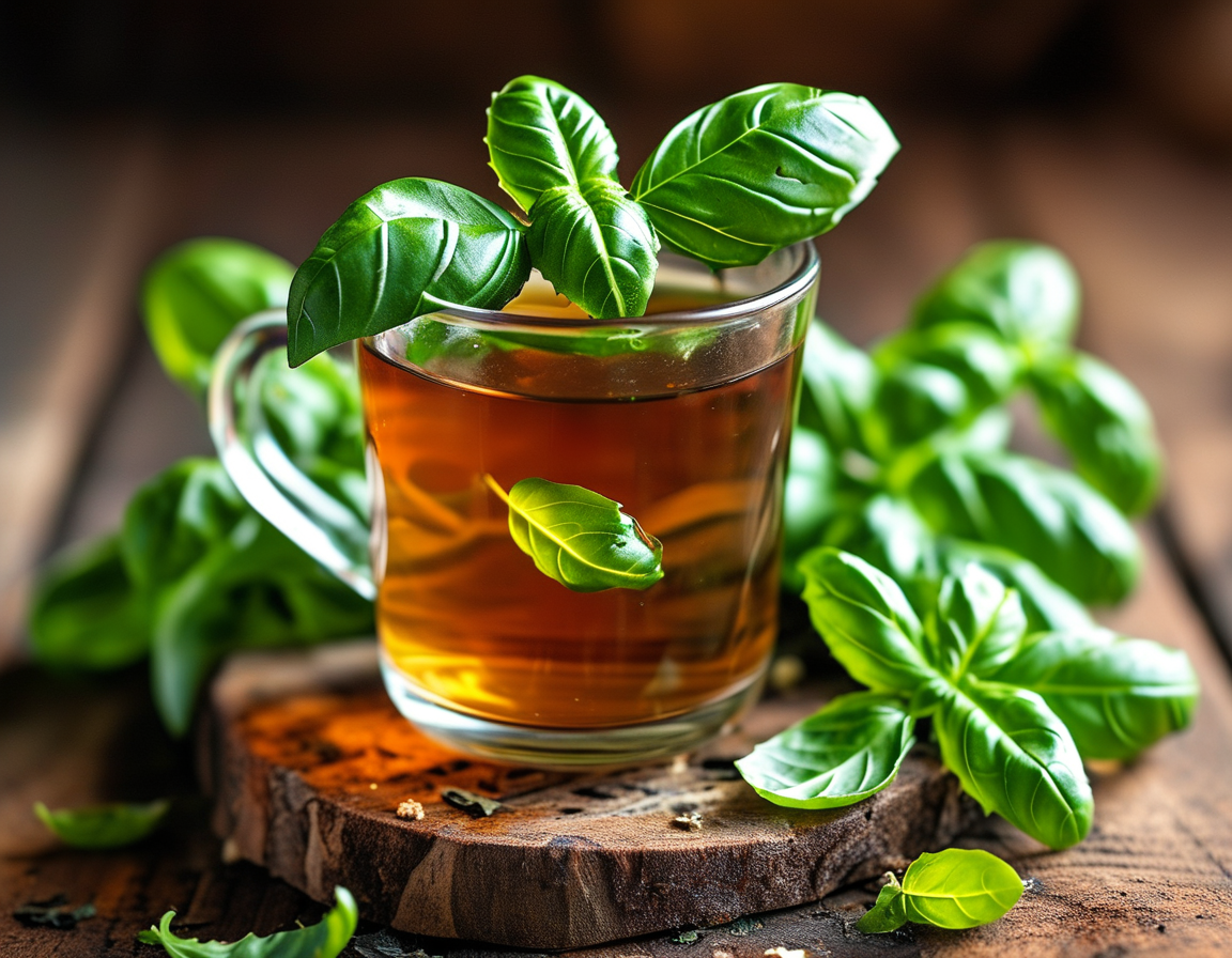 An inviting display of herbal tea ingredients with basil leaves, highlighting the simplicity and effectiveness of using basil tea to alleviate leg discomfort.