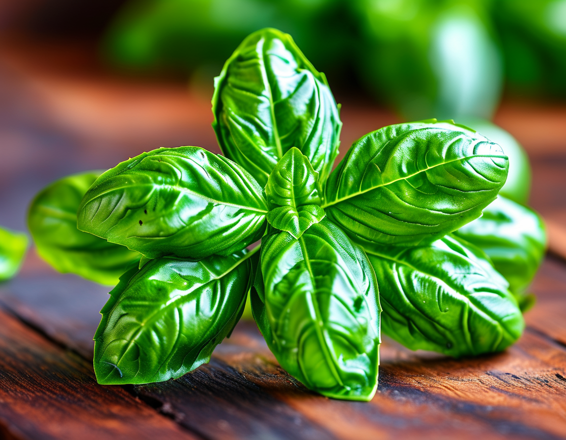 A vibrant close-up of fresh basil leaves on a wooden table, highlighting their lush green color and texture, symbolizing the health benefits of basil for varicose veins.
