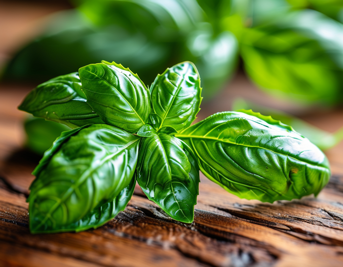 A steaming cup of basil leaf tea beside fresh basil leaves, illustrating a natural remedy for improving circulation and alleviating symptoms associated with varicose veins.