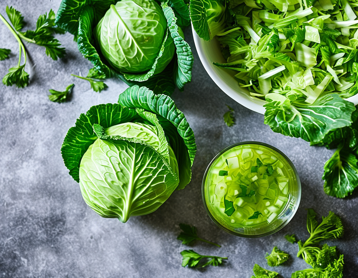 An overhead view of fresh green cabbage leaves soaking in boiling water next to a glass of freshly made cabbage juice and a bowl of chopped cabbage for salad preparation.