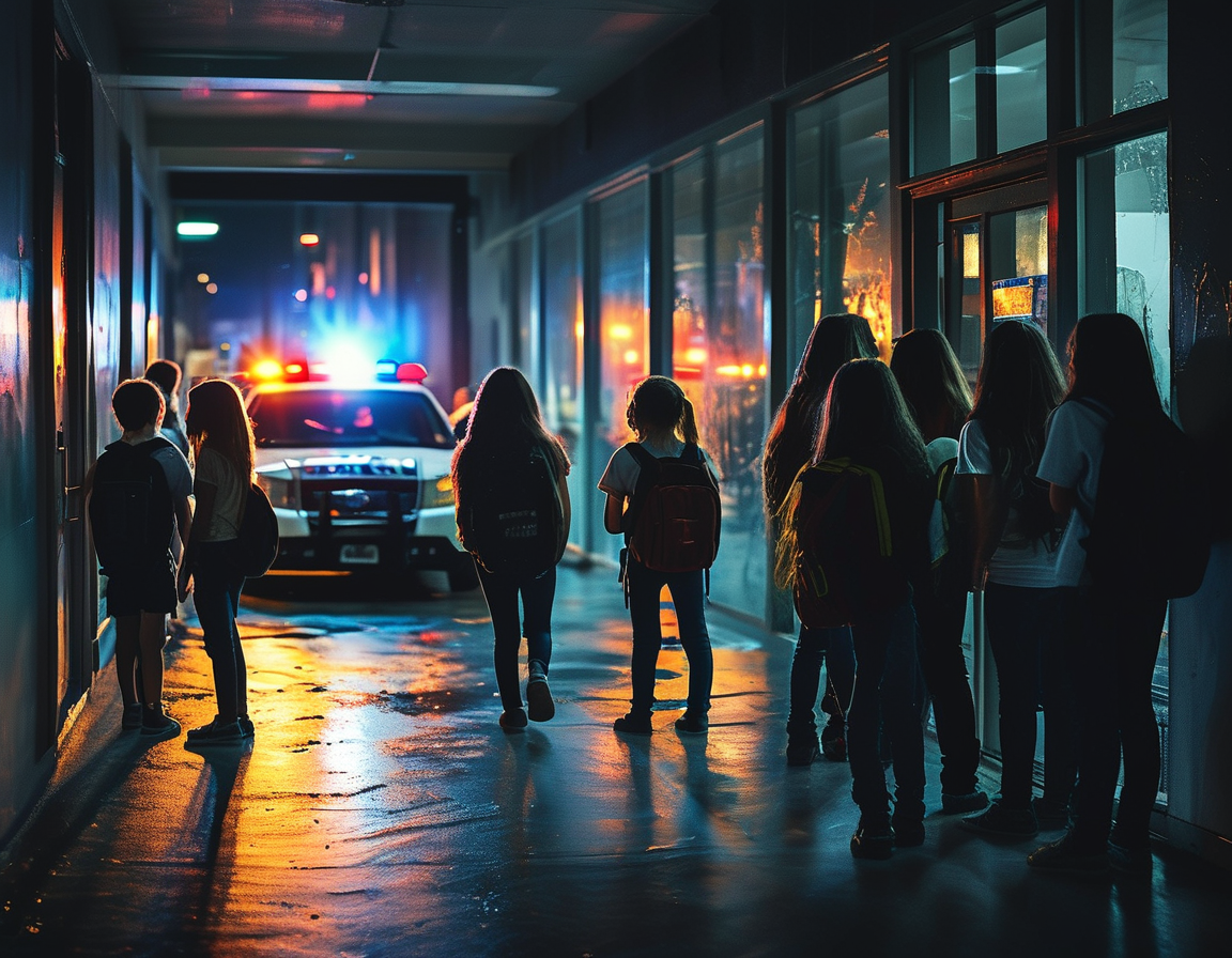 A dark campus setting with students huddled indoors, looking anxious and concerned while police vehicles with flashing lights are parked outside, emphasizing the tension of the situation.