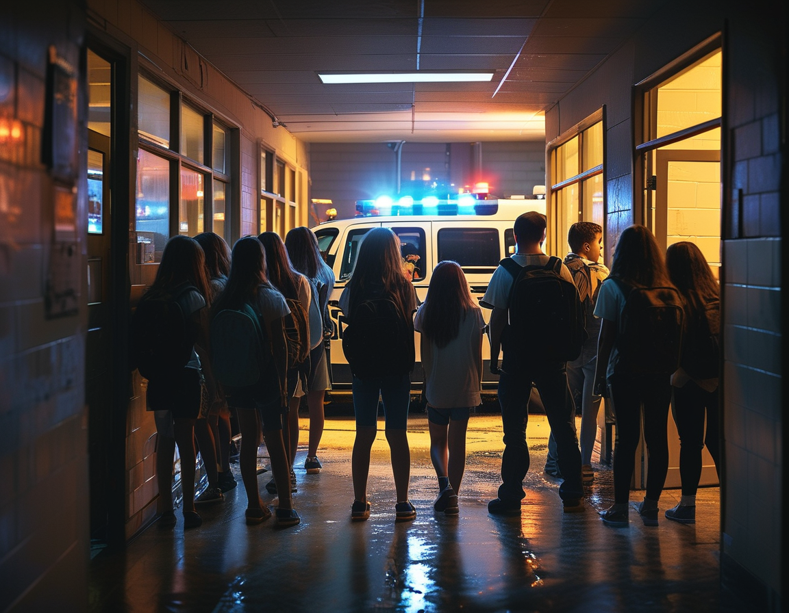 An aerial view of Muskingum University at night, showing a heavy police presence and illuminated dorms as students shelter inside, illustrating the urgent response to the active shooter report.