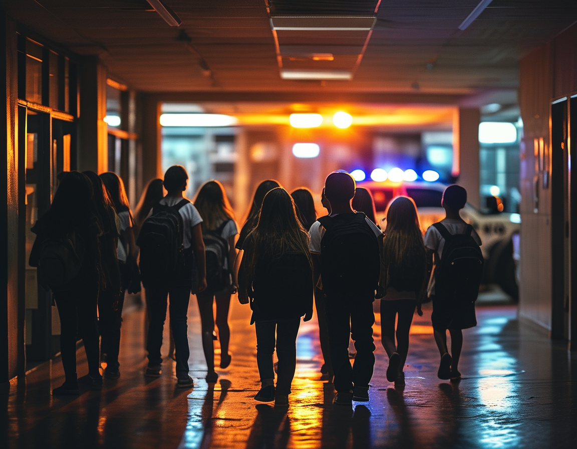 A visual representation of a notification alert on a smartphone screen with emergency instructions, symbolizing the immediate communication and fear experienced by students during the incident.