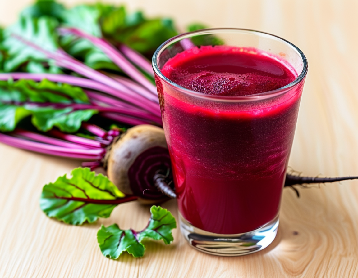 A close-up of a glass of deep red beetroot juice, garnished with fresh beet leaves, set against a light wooden background to emphasize its vibrant color.