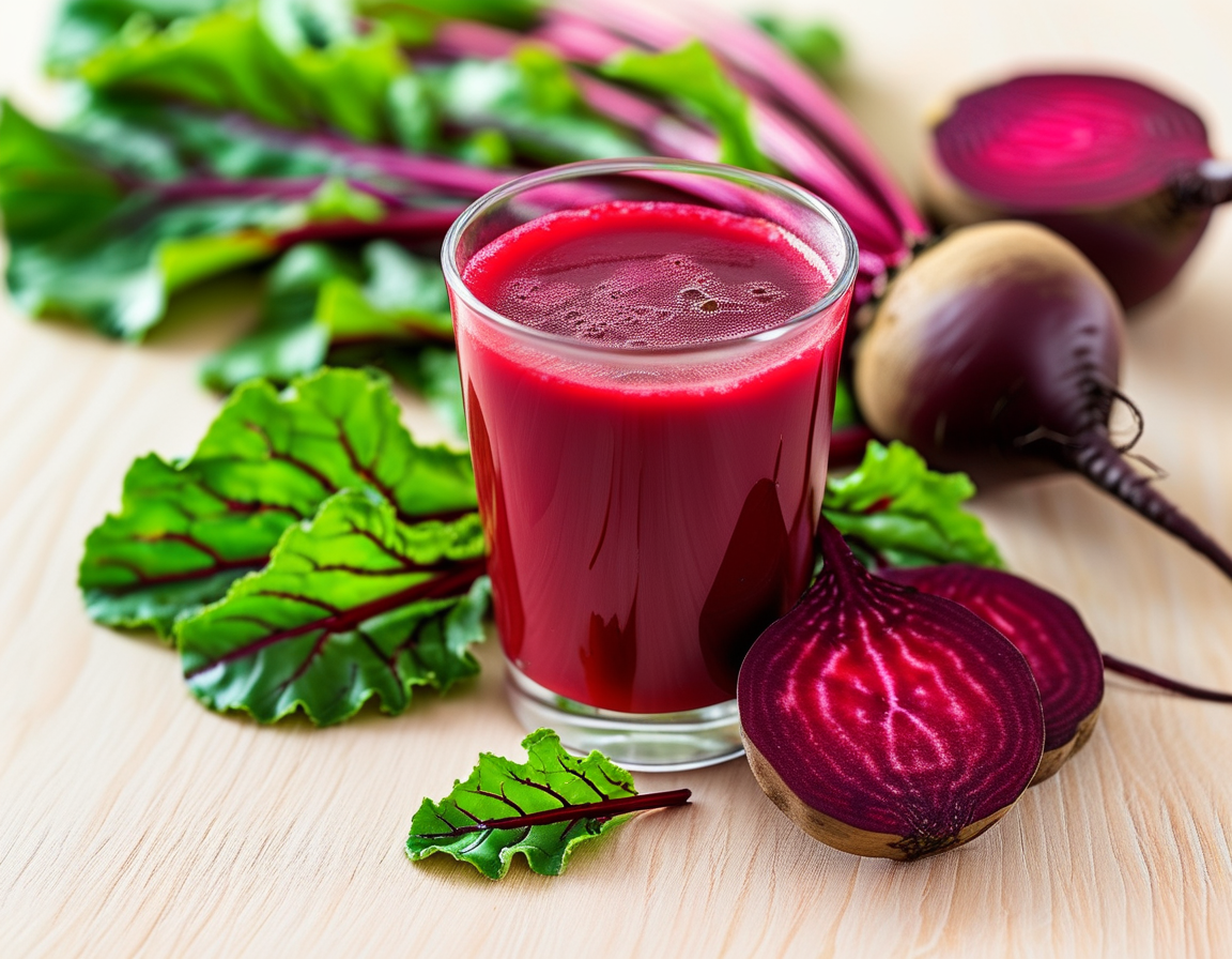 A refreshing beetroot juice served in a clear glass with ice cubes, surrounded by fresh beetroots and leafy greens, showcasing its nutritious ingredients.