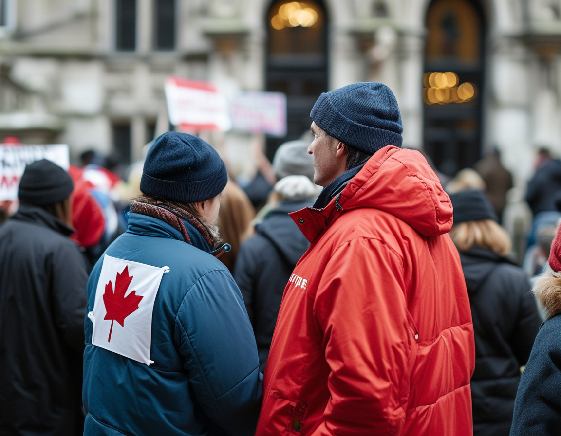 A diverse group of Canadians gathering outside the House of Commons, holding signs in support of the petition to revoke Elon Musk's citizenship, expressing their concerns about national loyalty and leadership.