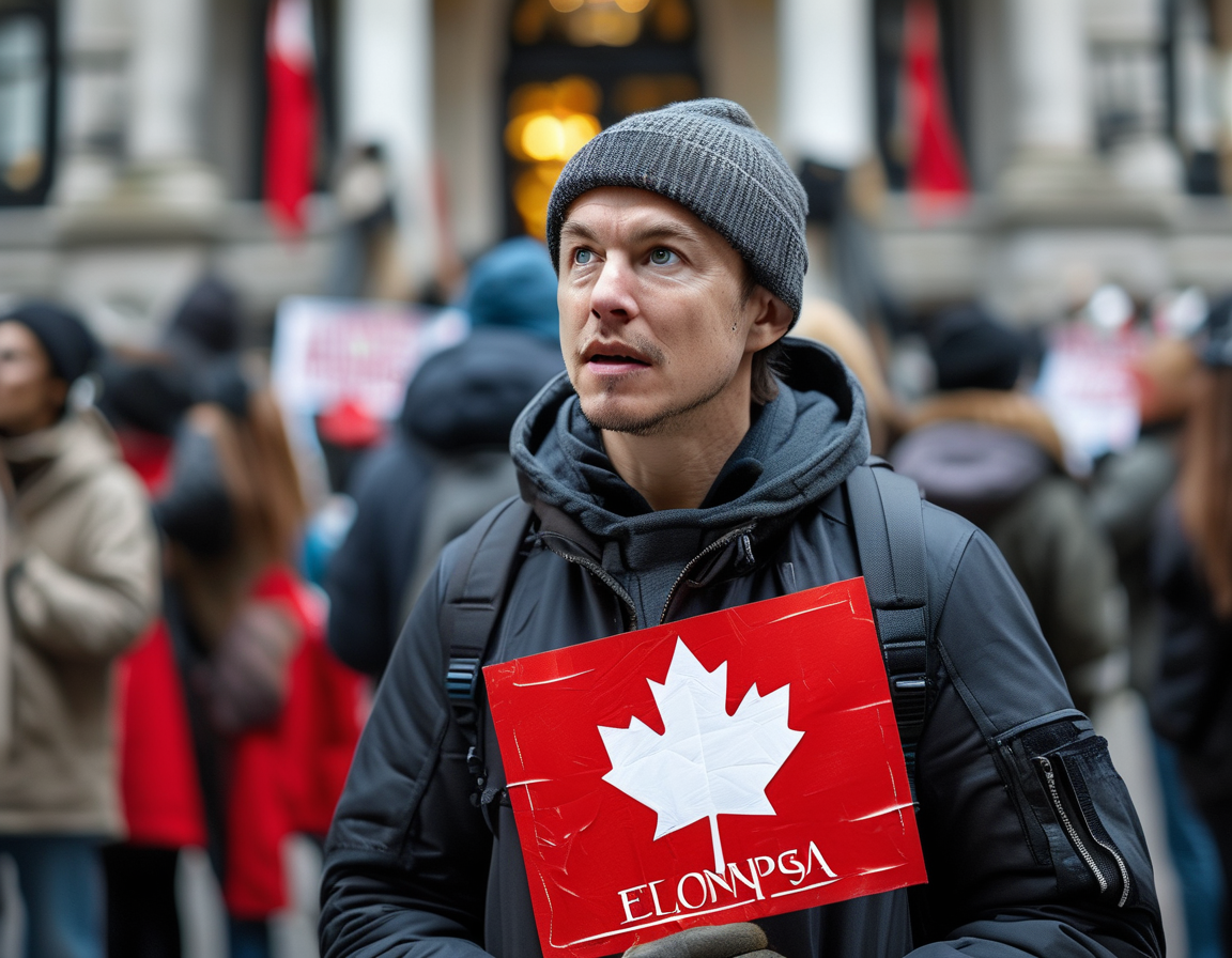 An illustration depicting a split Canadian flag and American flag, symbolizing the tension between Canadian citizens and Musk's alliance with U.S. politics, highlighting the cultural divide.