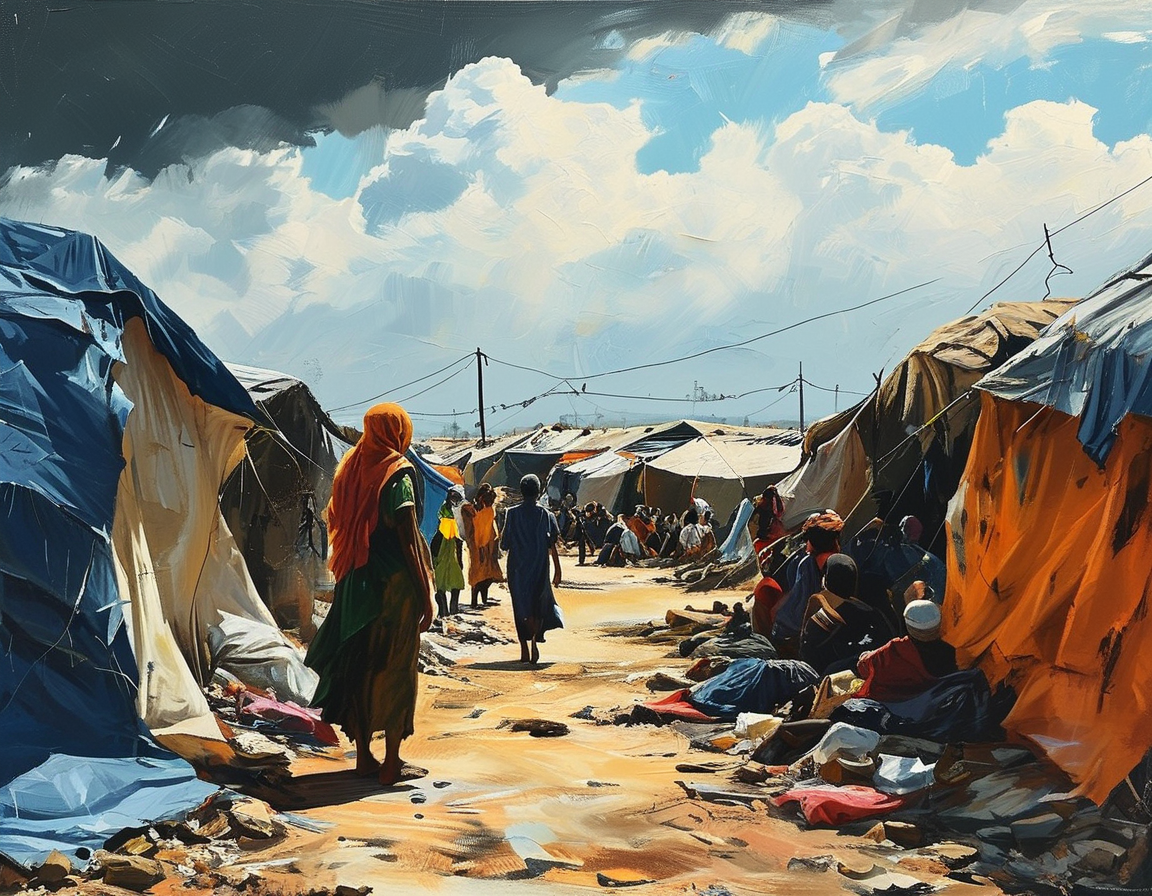 A dramatic scene in Zamzam camp, showcasing displaced individuals gathered in a makeshift shelter amidst the backdrop of conflict, highlighting their urgent need for medical support and humanitarian aid.