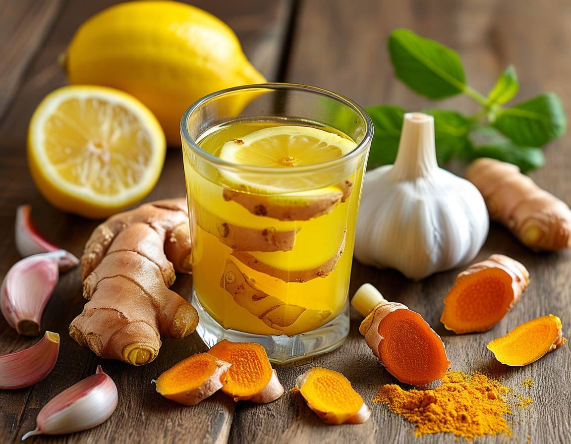 A refreshing glass of lemon, ginger, turmeric, and garlic juice placed on a wooden table, surrounded by fresh ingredients including whole lemons, ginger roots, turmeric roots, and garlic cloves, emphasizing the natural health benefits of each ingredient.