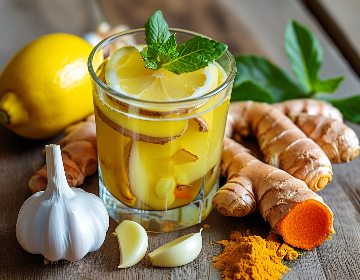 An overhead shot of vibrant, freshly made juice filled with lemon, ginger, turmeric, and garlic, served with a slice of lemon on the rim, showcasing its vibrant color and inviting freshness.