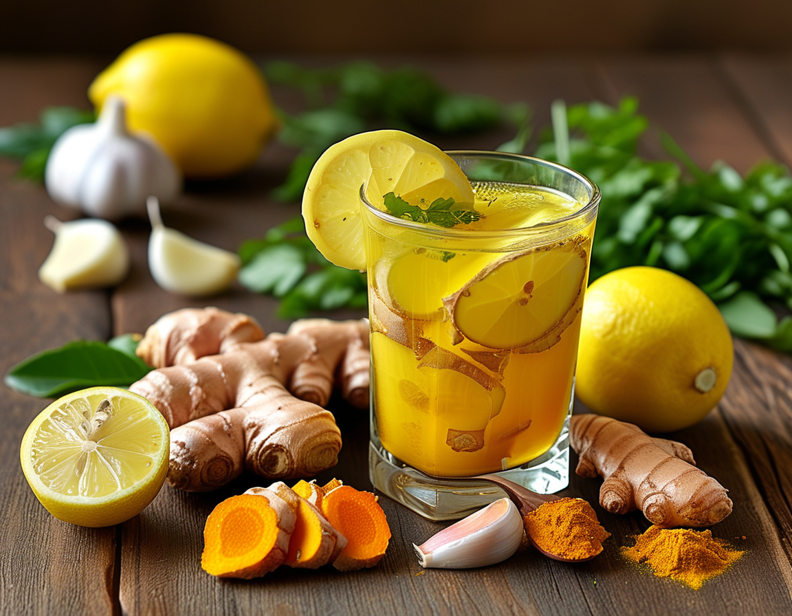 A health enthusiast preparing the juice, chopping ginger and turmeric on a cutting board with garlic cloves beside, capturing the preparation process of this nutritious drink.