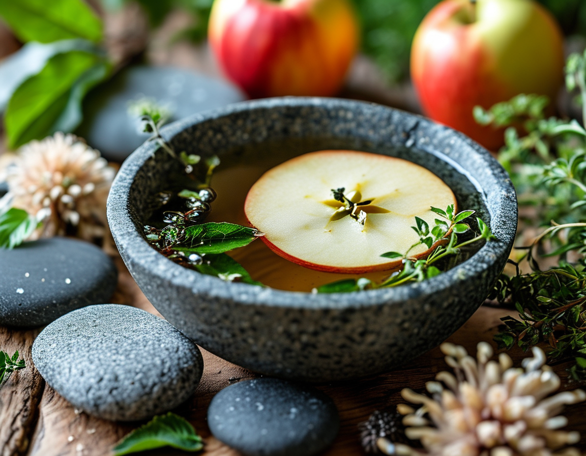 A soothing foot soak setup featuring a bowl filled with warm water and apple cider vinegar, surrounded by fresh herbs and a pumice stone, illustrating natural foot care.