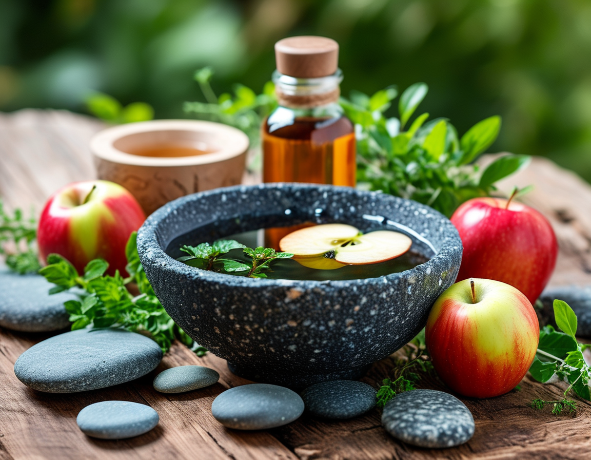 A close-up of a person relaxing with their feet in a bowl of warm apple cider vinegar, capturing a moment of peaceful foot care and indulgence.
