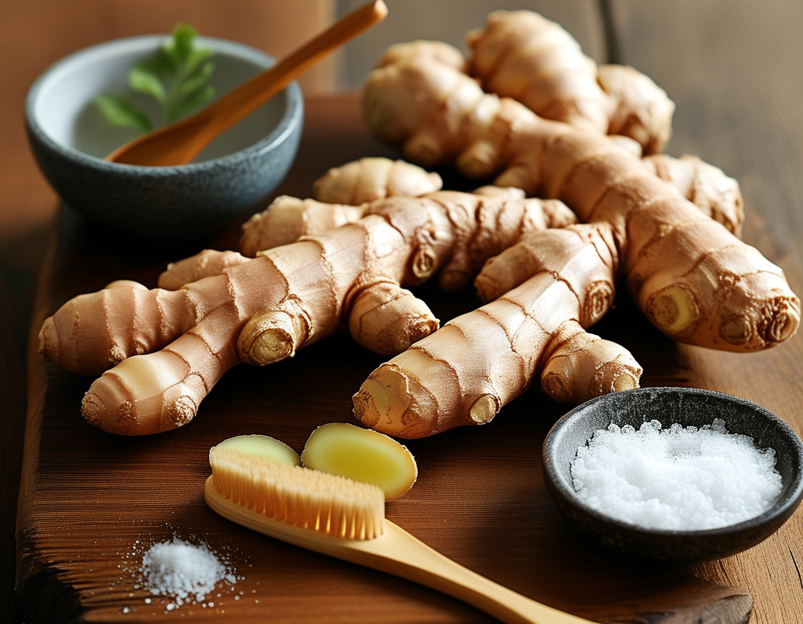 An artistic arrangement featuring fresh ginger, a small bowl of salt, and a toothbrush on a wooden surface, highlighting the natural dental remedy setup.