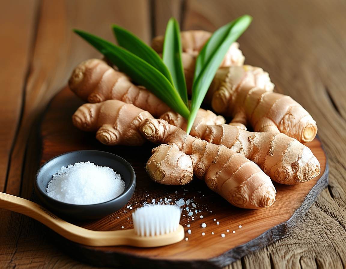 A person gently brushing their teeth with a homemade ginger and salt mixture, demonstrating the application process of this natural teeth whitening method.
