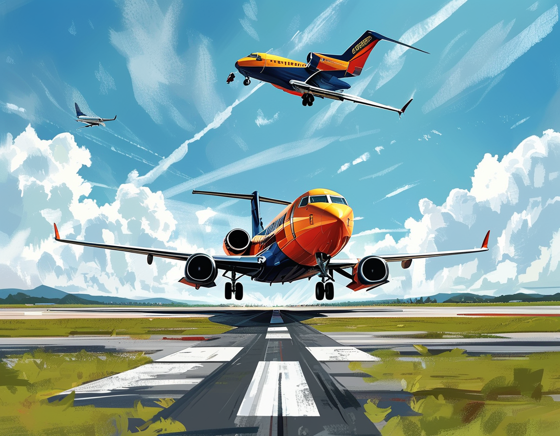 An illustration depicting a Southwest Airlines plane in a precarious position in the sky, narrowly avoiding a private jet, with a runway in the background showcasing air traffic control operations.