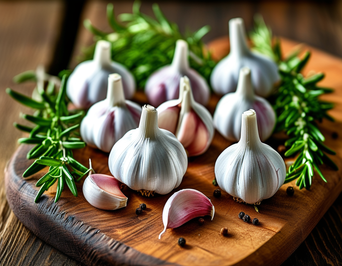 A visually appealing arrangement of fresh garlic and rosemary on a wooden cutting board, showcasing the herbs' potential as natural remedies for varicose veins.