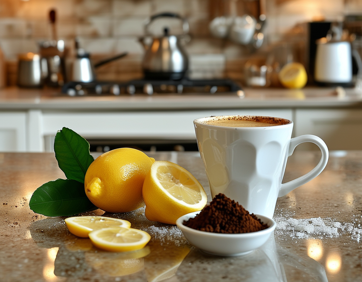 An aesthetically arranged kitchen countertop showcasing a cup of lemon-infused coffee beside a small bowl of coffee grounds and lemon slices, symbolizing the article's theme of creative uses for these two ingredients.