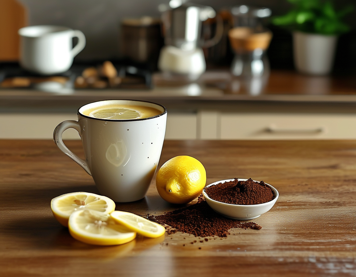 A person scrubbing a sink with a mixture of coffee grounds and lemon juice, highlighting the eco-friendly cleaning benefits of combining these household staples.