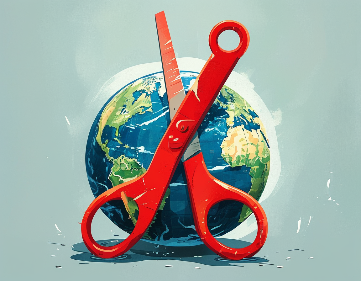 An illustration showing a large red scissor cutting through a globe, symbolizing drastic cuts to foreign aid and its global impact.