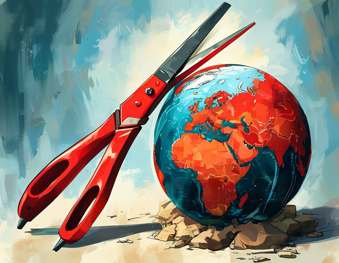 A split image featuring a map of countries receiving USAid on one side and a protest rally against budget cuts on the other, highlighting dissent and global concern.