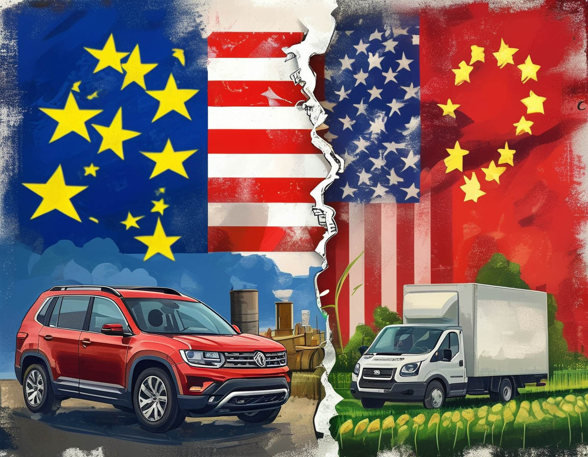 An illustration showing a split image of the US and EU flags with symbols representing trade, such as cars and agricultural products, illustrating the tension in trade relations. The image evokes concerns over tariffs and economic impact.