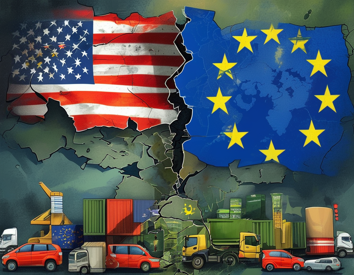 A graphic representation of a factory and shipping containers, signifying the import-export industry under threat of tariffs, capturing the personal and economic stakes involved in trade disputes.
