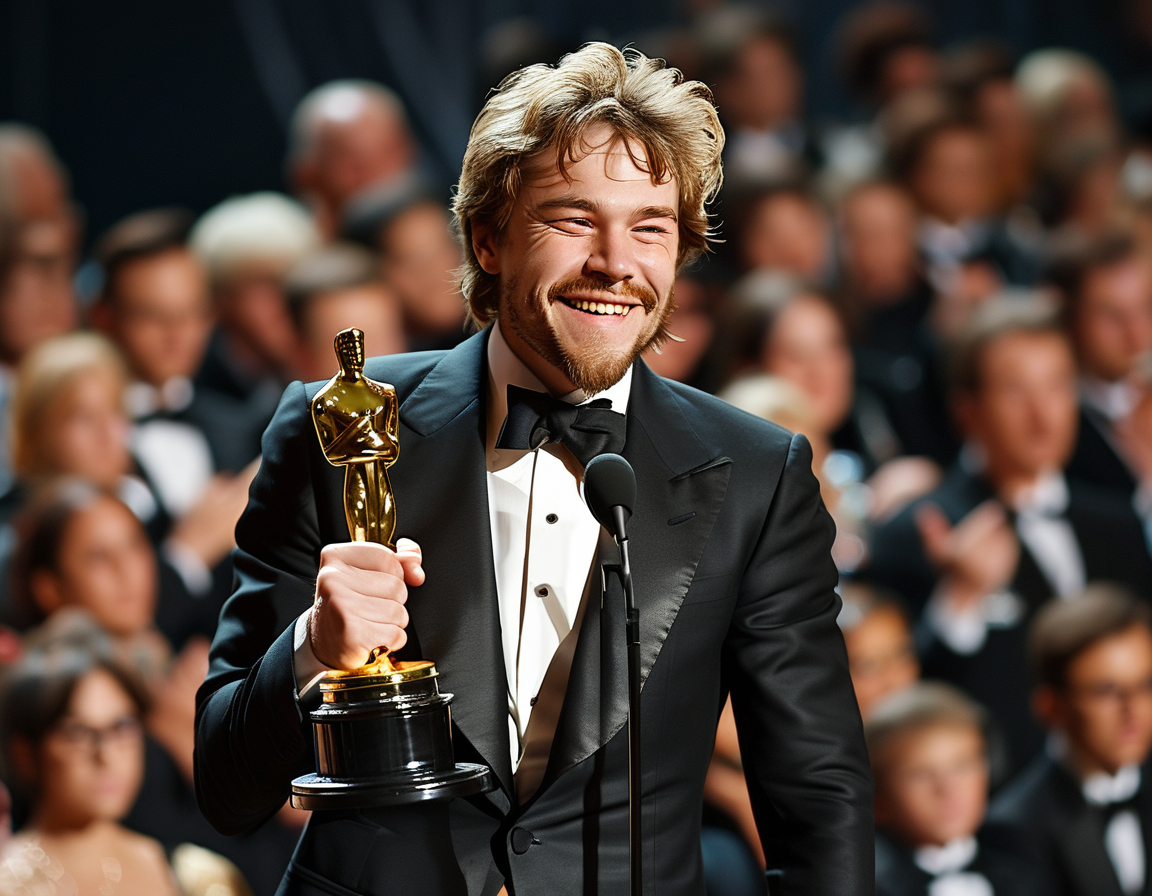 Kieran Culkin standing on stage at the Oscars, holding his Oscar trophy with a joyful expression, surrounded by a captivated audience.