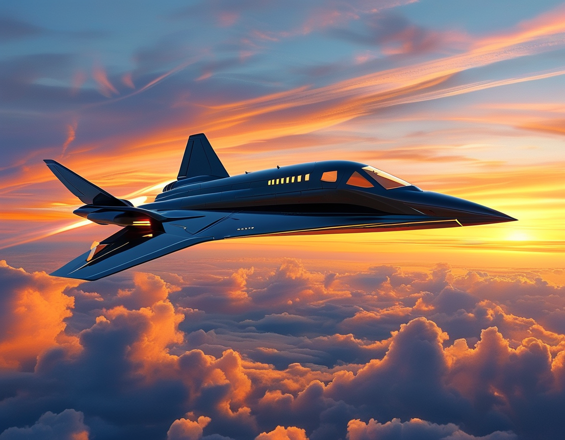 A futuristic design of a light-speed jet soaring through the clouds, embodying innovation in aviation, with a sleek silhouette against a vibrant sunset sky that evokes a sense of speed and adventure.