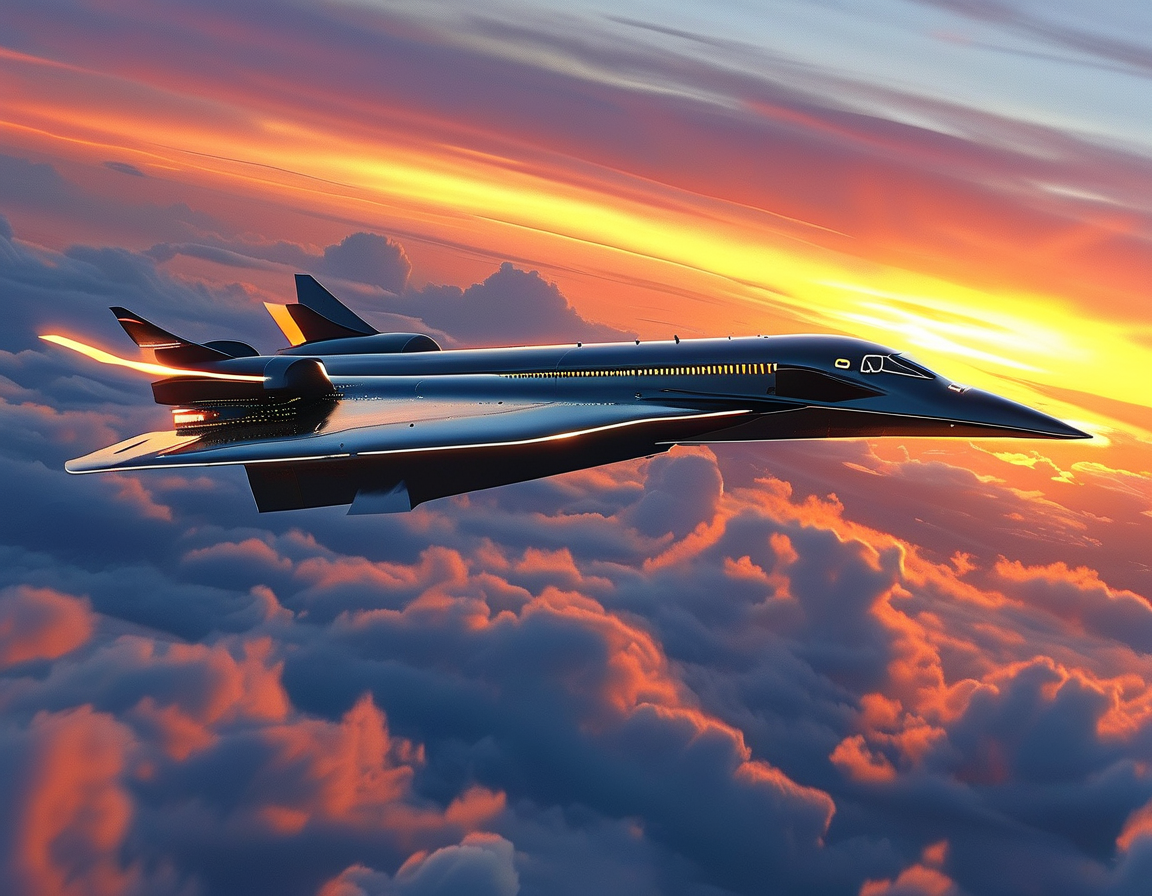 An artist's rendering of a light-speed jet flying above a bustling cityscape, illustrating the possibility of rapid global travel and the excitement it brings to future generations.